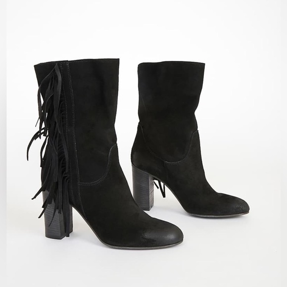 Free People Wild Rose Black Suede Leather Fringe Mid-Calf Slouch Boots - Picture 1 of 9
